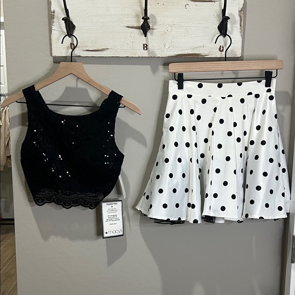 Formal Dress Black Sequin Top White Polka Dot Skater Skirt Hoco Two Piece Party - Picture 2 of 16